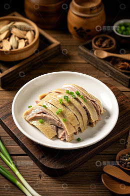 白盘切好的鸡肉配葱装饰