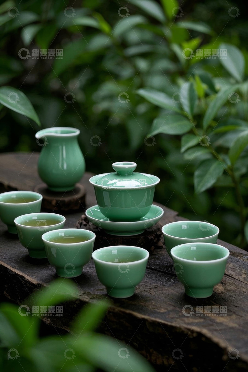 高清大图下载【趣麦麦图】户外木质桌上的青绿色茶具