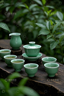 户外木质桌上的青绿色茶具
