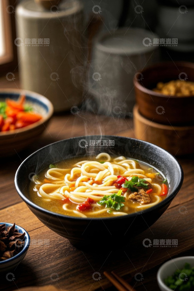 高清大图下载【趣麦麦图】热气腾腾的家常面条美食