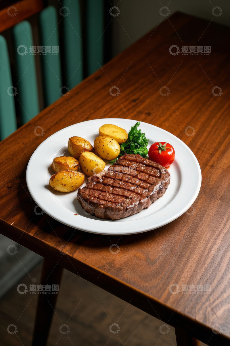高清大图下载【趣麦麦图】木桌上的牛排配餐