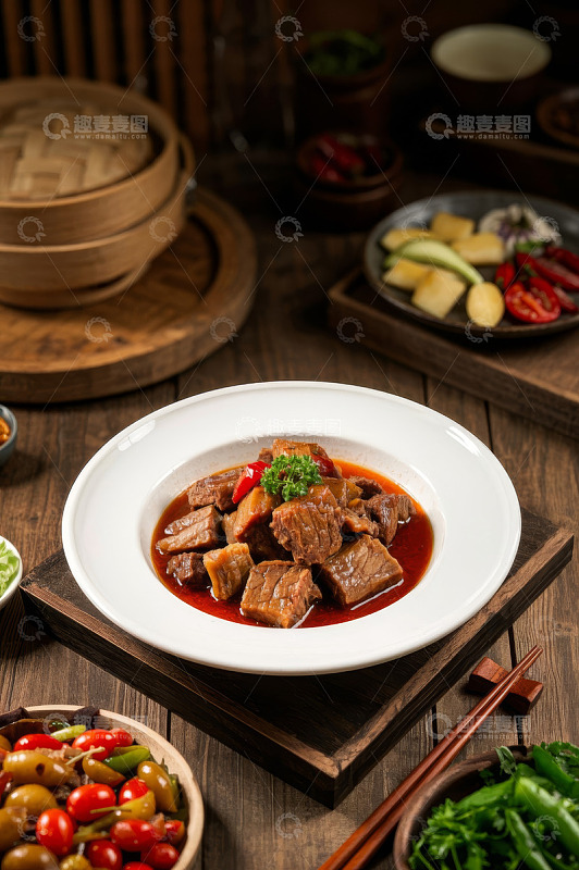中式餐桌上的红烧牛肉菜肴