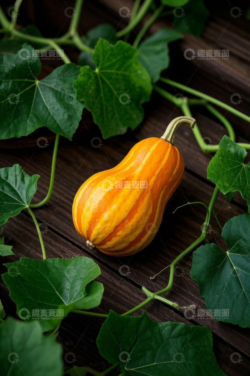 高清大图下载【趣麦麦图】木桌上摆放的南瓜与绿叶