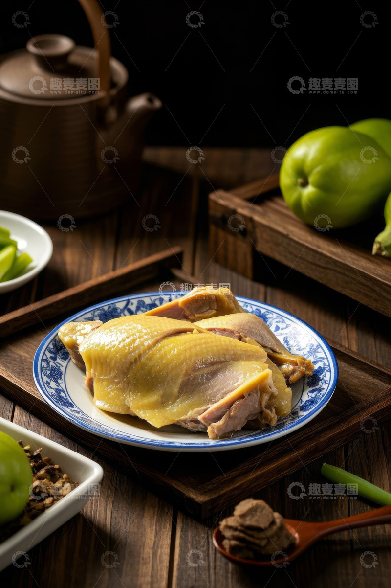 高清大图下载【趣麦麦图】中式瓷盘装白切鸡美食