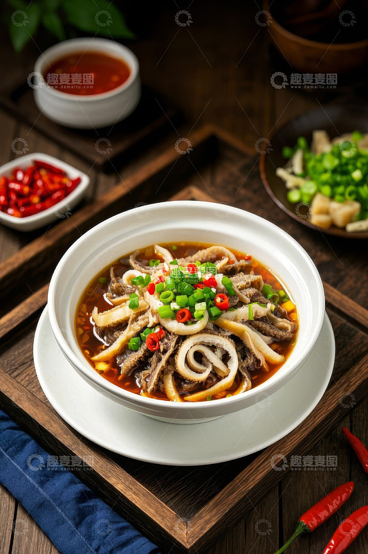 碗装毛肚菜肴搭配调料