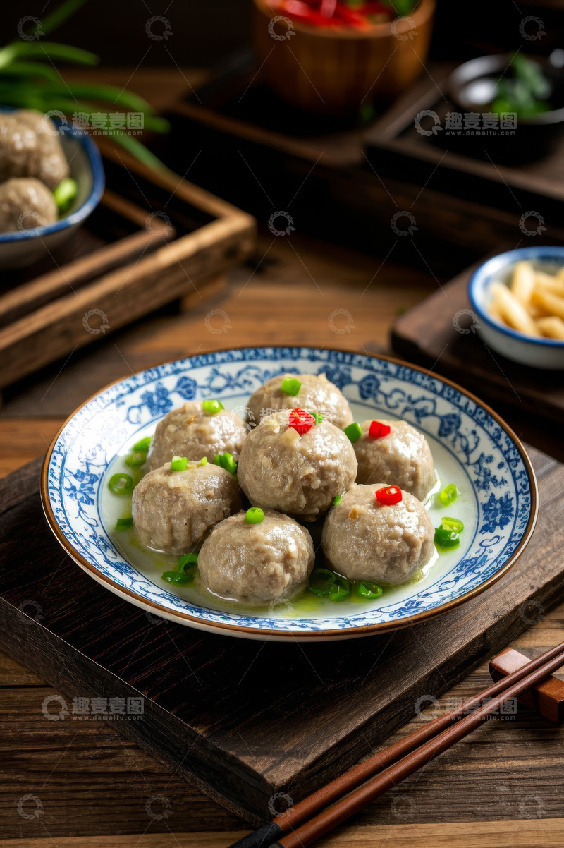 高清大图下载【趣麦麦图】中式瓷盘装肉丸美食特写