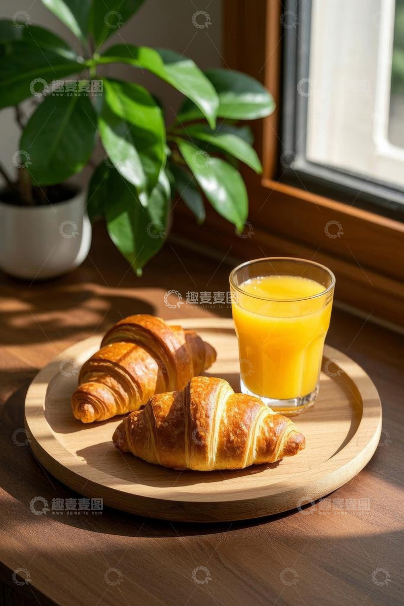 高清大图下载【趣麦麦图】窗边木盘上的牛角包与橙汁