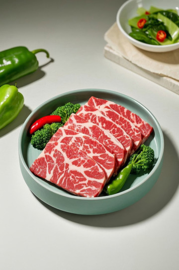 盘中新鲜牛肉搭配蔬菜食材