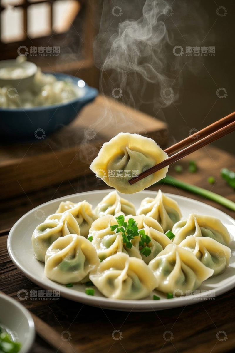 高清大图下载【趣麦麦图】筷子夹起热气腾腾的饺子