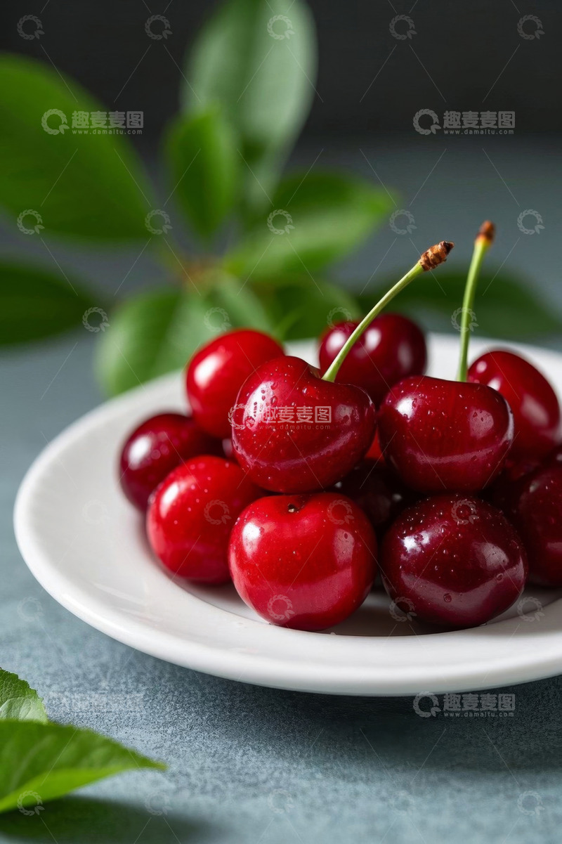 高清大图下载【趣麦麦图】白色瓷盘上的新鲜樱桃