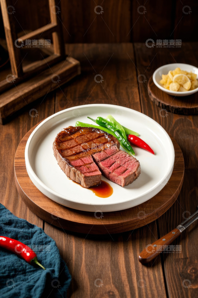 高清大图下载【趣麦麦图】木桌摆盘的美味牛排美食