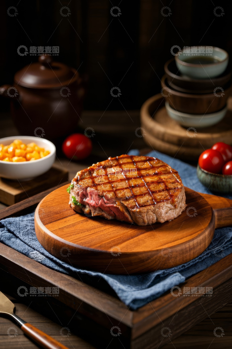 高清大图下载【趣麦麦图】木盘上的美味牛排及配菜