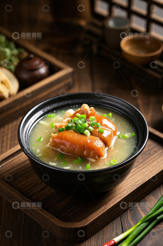 木托盘上的一碗猪脚汤
