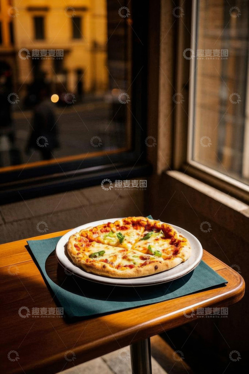 高清大图下载【趣麦麦图】窗边桌上的美味比萨饼