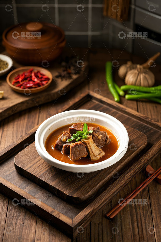 木制托盘上的美味红烧牛肉