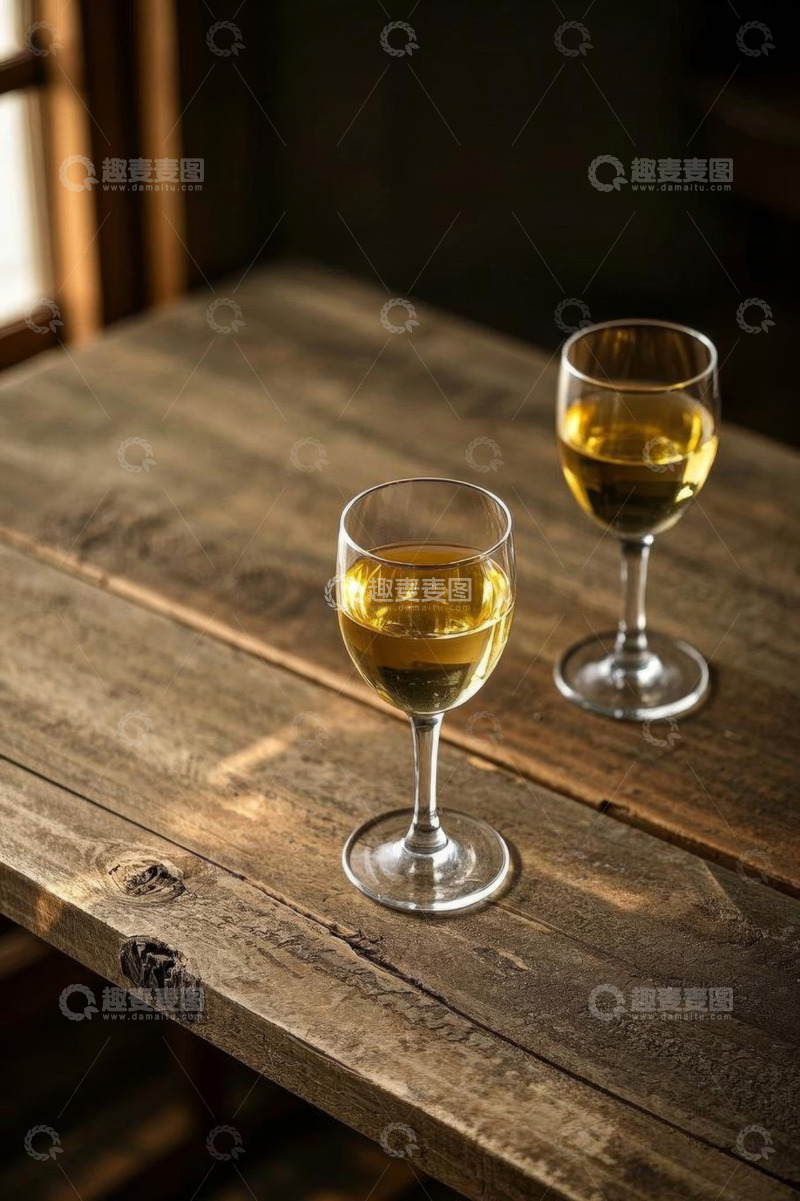 高清大图下载【趣麦麦图】木桌上的两杯黄色液体