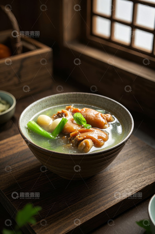 木桌上碗装的美味养生汤