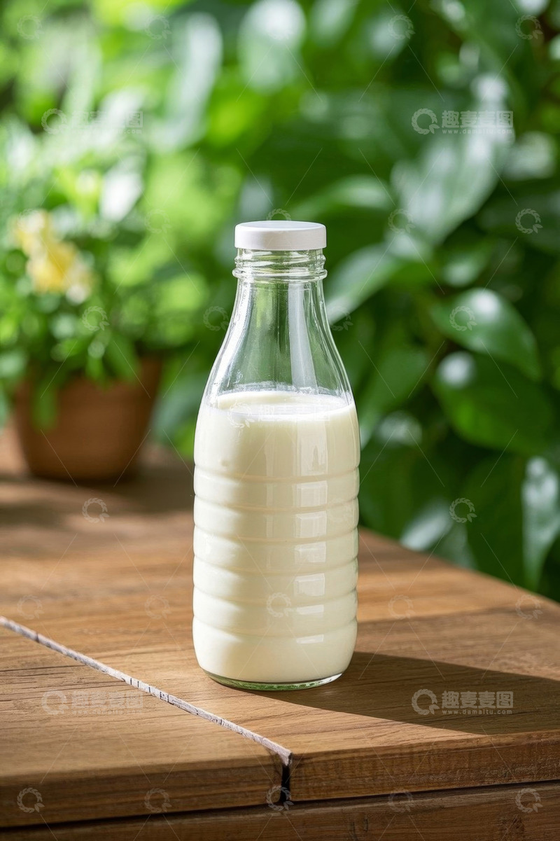 高清大图下载【趣麦麦图】木桌上玻璃瓶牛奶特写