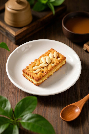 木桌上白盘里的坚果饼干