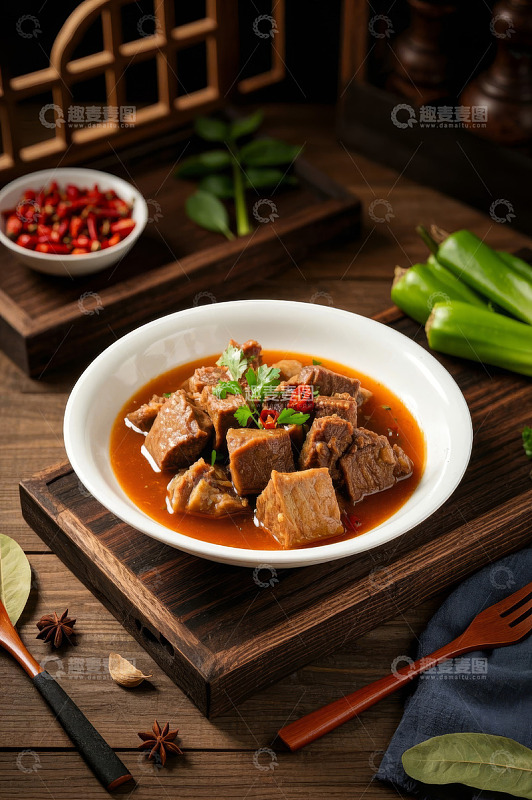 木盘上的红烧牛肉菜肴