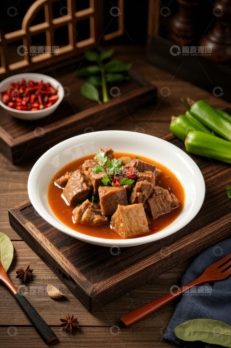 木盘上的红烧牛肉菜肴