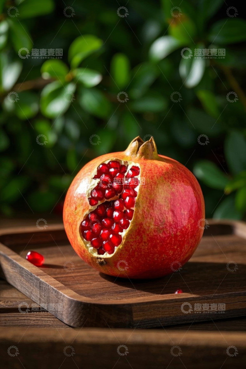 高清大图下载【趣麦麦图】木盘上切开的新鲜红石榴
