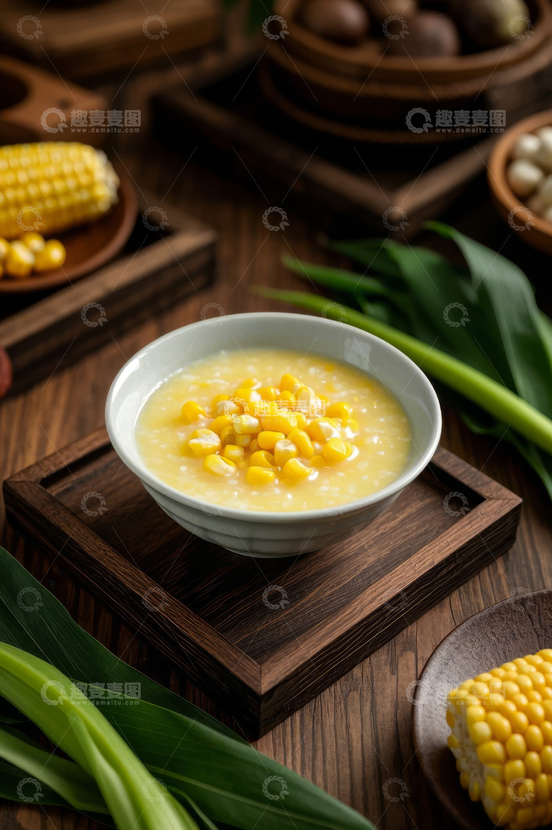高清大图下载【趣麦麦图】木盘上盛有玉米粒的玉米粥