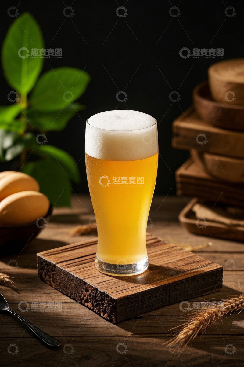 高清大图下载【趣麦麦图】木桌上的一杯泡沫丰富的啤酒