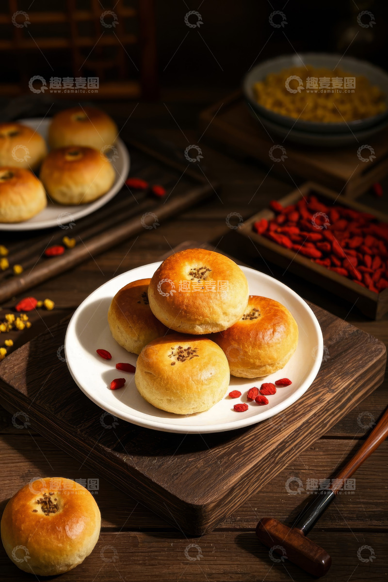 高清大图下载【趣麦麦图】中式糕点摆放在木质桌面上