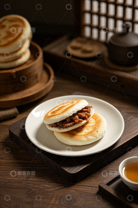 中式木桌摆放的肉馅饼美食