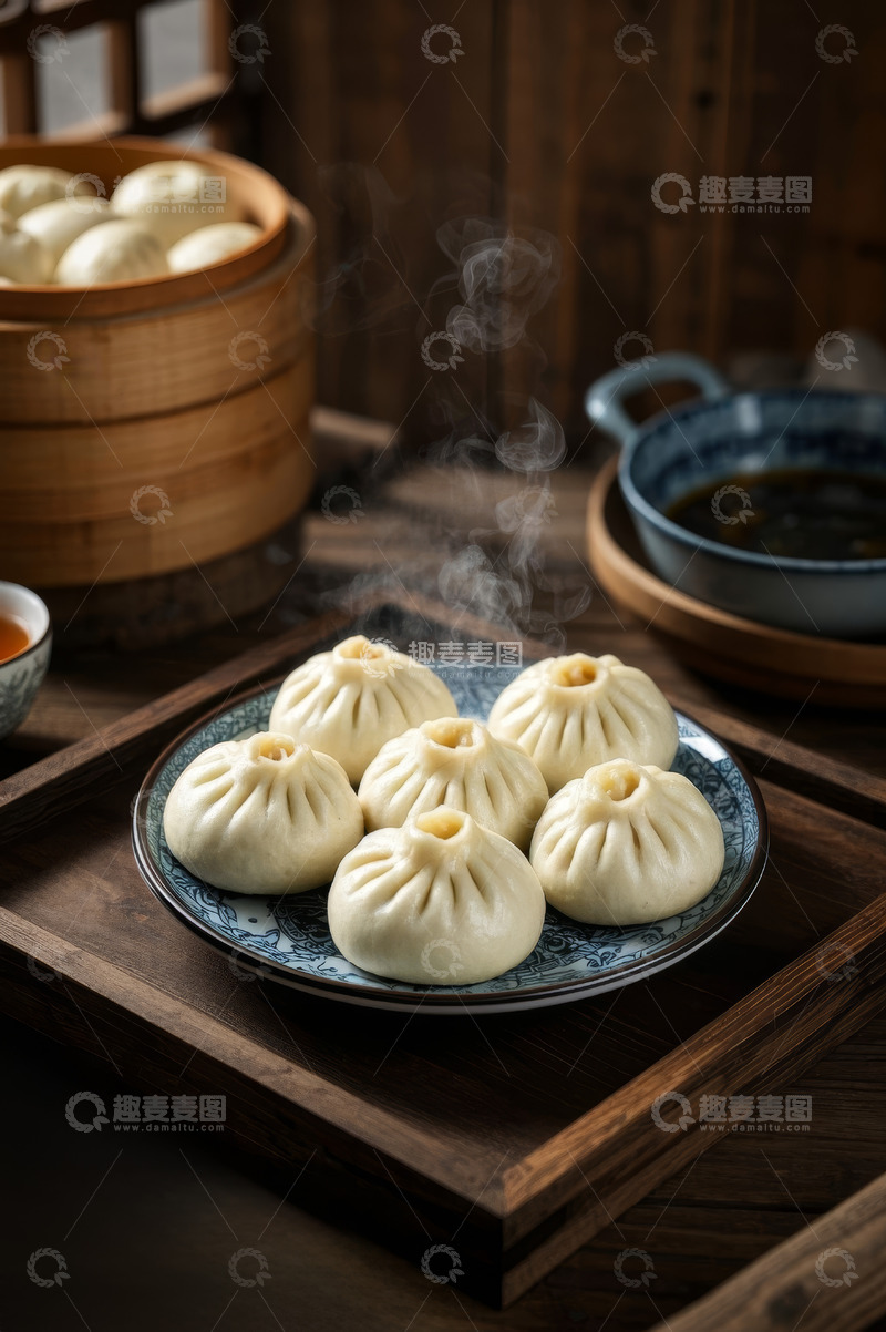 高清大图下载【趣麦麦图】中式蒸笼小笼包美食特写