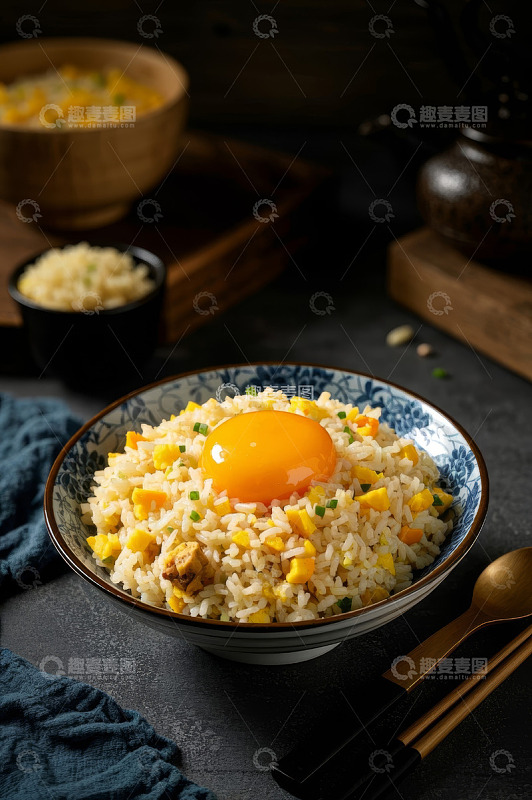 碗装蛋炒饭配整颗蛋黄