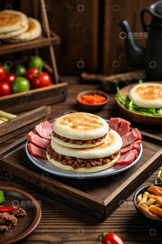 中式美食肉夹馍与配菜摆盘