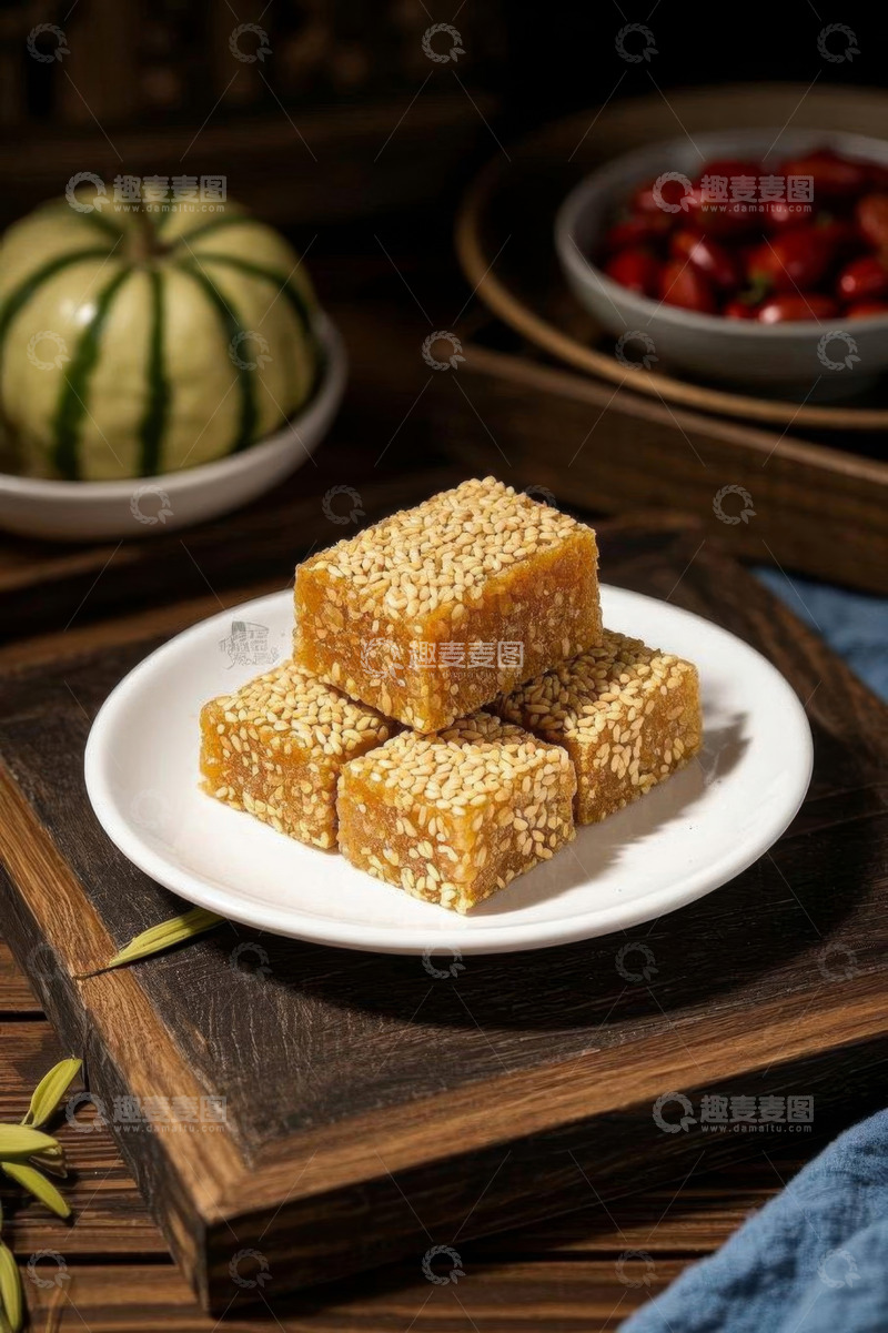 高清大图下载【趣麦麦图】木盘上的芝麻糕点特写
