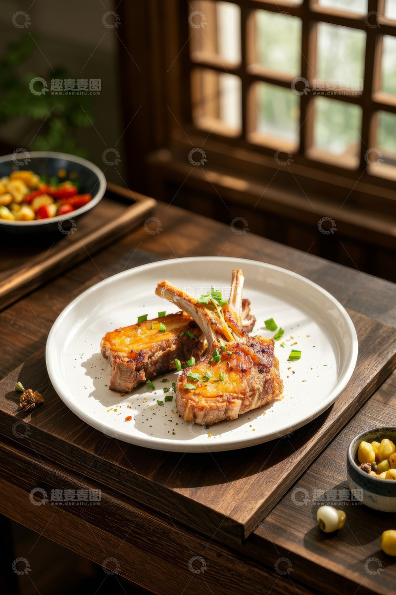 高清大图下载【趣麦麦图】餐桌上摆盘精致的烤羊排