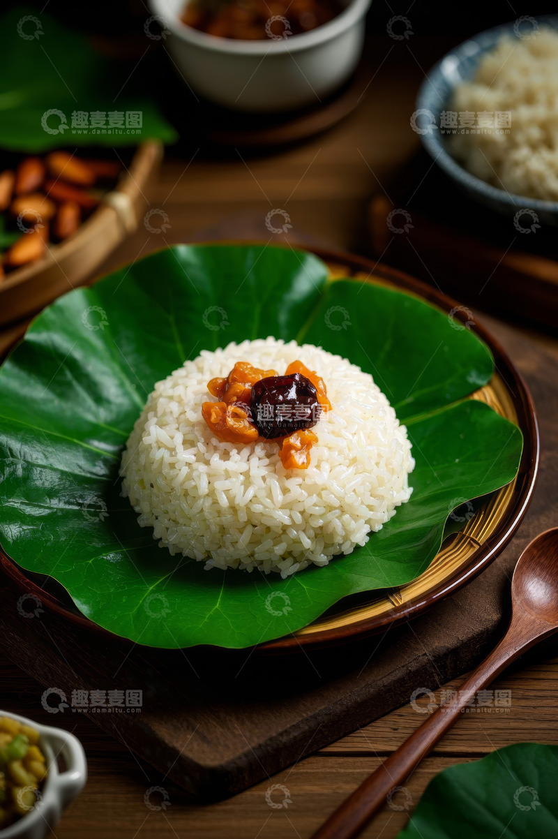 高清大图下载【趣麦麦图】荷叶上的米饭配红枣干果