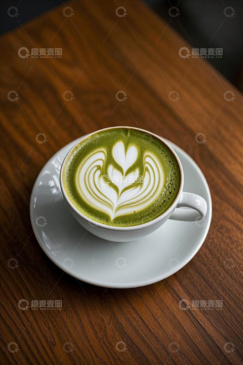 高清大图下载【趣麦麦图】木桌上的拉花抹茶饮品