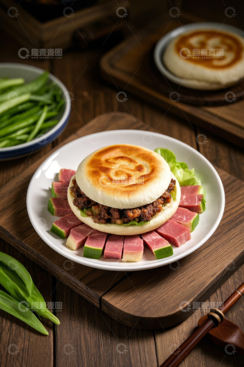 高清大图下载【趣麦麦图】中式肉饼搭配配菜特写
