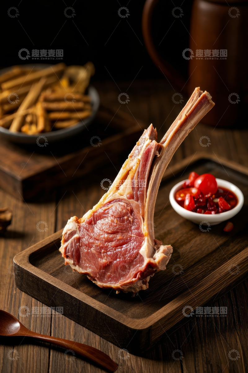 高清大图下载【趣麦麦图】木制托盘上的新鲜生肉食材