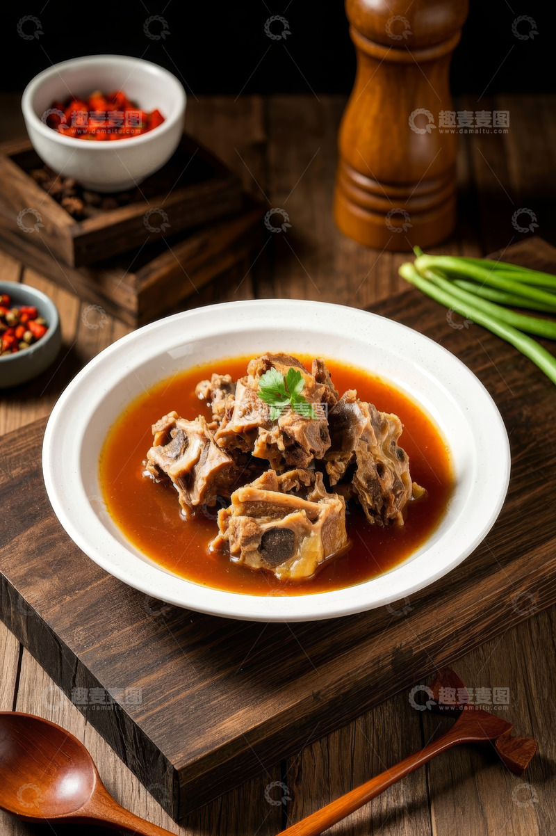 高清大图下载【趣麦麦图】木桌上盛有酱汁排骨的瓷盘