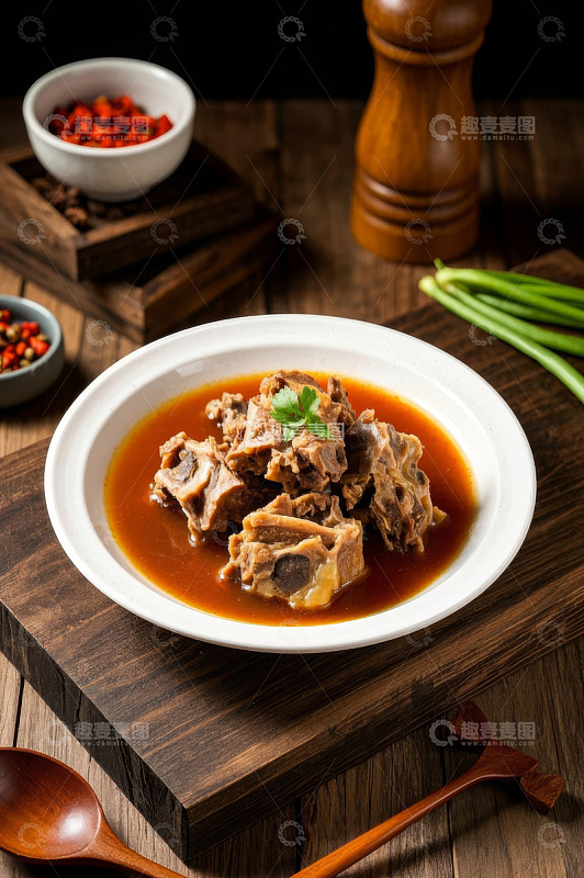 木桌上盛有酱汁排骨的瓷盘