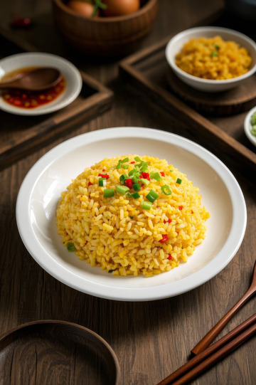 木桌白盘装的美味蛋炒饭