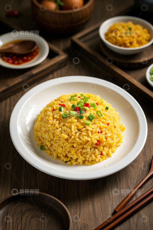 木桌白盘装的美味蛋炒饭