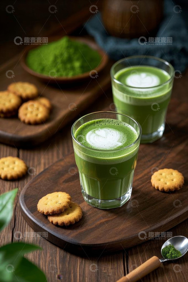 高清大图下载【趣麦麦图】两杯抹茶饮品与饼干摆拍