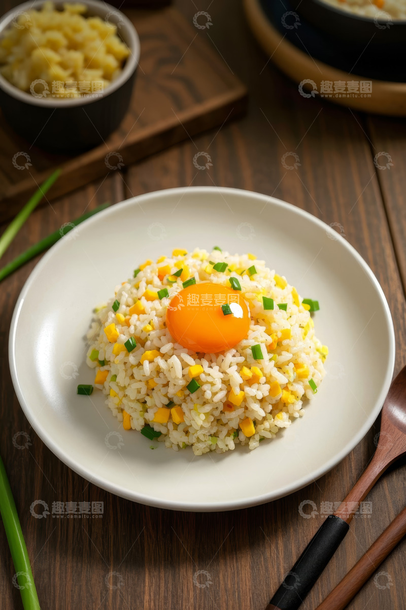 高清大图下载【趣麦麦图】盘中美味蛋炒饭配蛋黄