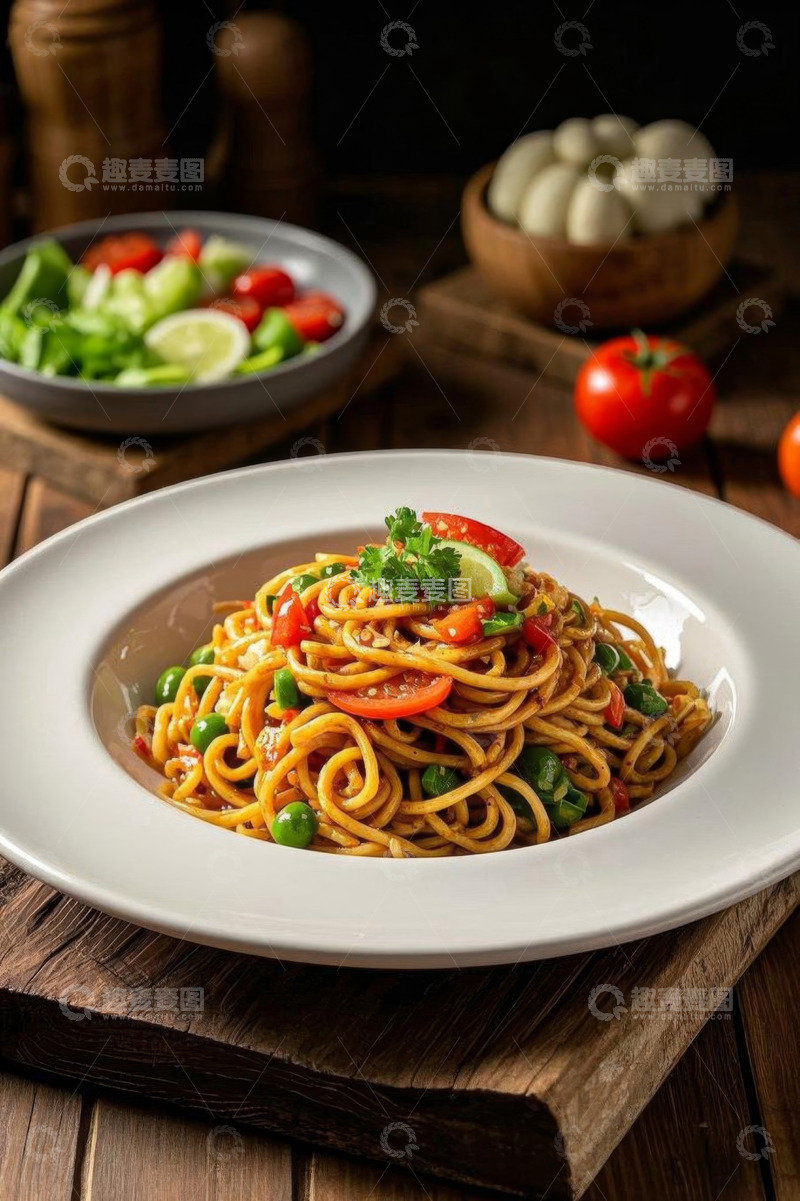 高清大图下载【趣麦麦图】木桌上的美味意大利面及配菜