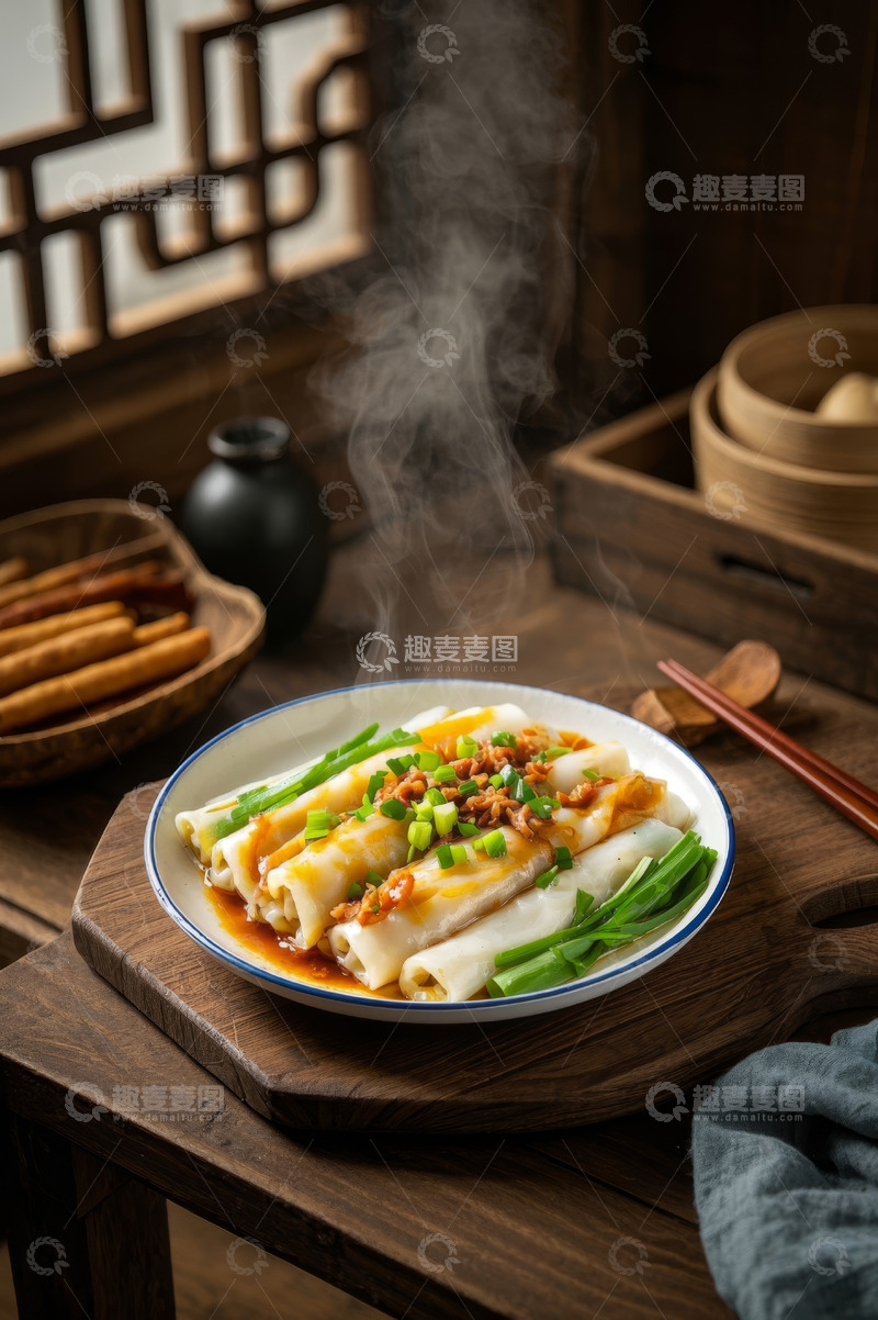 高清大图下载【趣麦麦图】中式餐桌上热气腾腾的肠粉