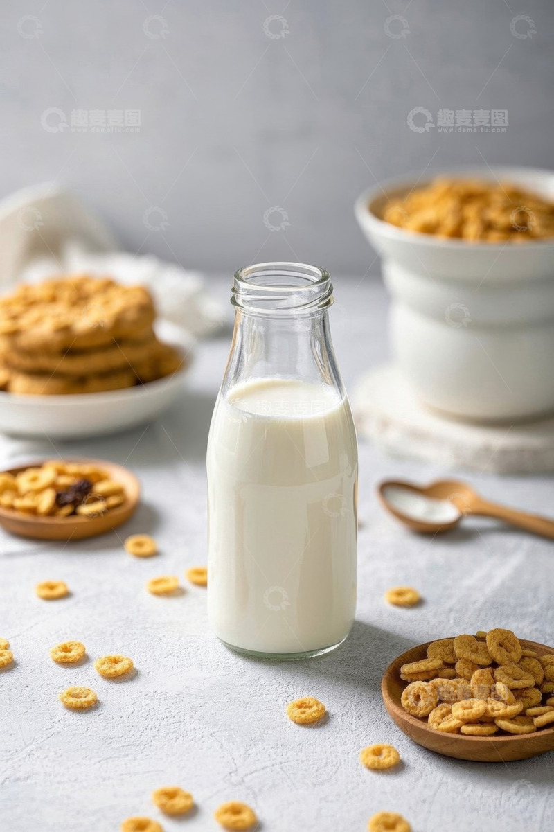 高清大图下载【趣麦麦图】瓶装牛奶搭配谷物早餐画面
