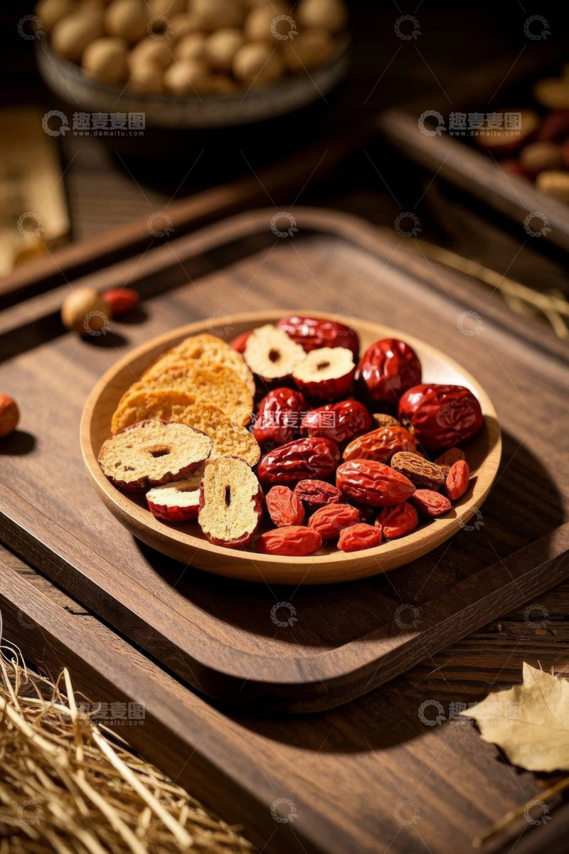 高清大图下载【趣麦麦图】木盘盛放红枣及干果特写