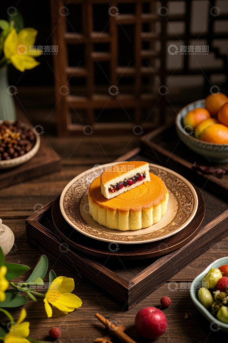 高清大图下载【趣麦麦图】中式摆盘的美味月饼特写
